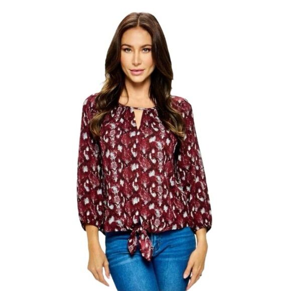 West Kei Veronica 3 Quarter Sleeve Tie front Snake Printed Blouse NWOT Small - Picture 1 of 13
